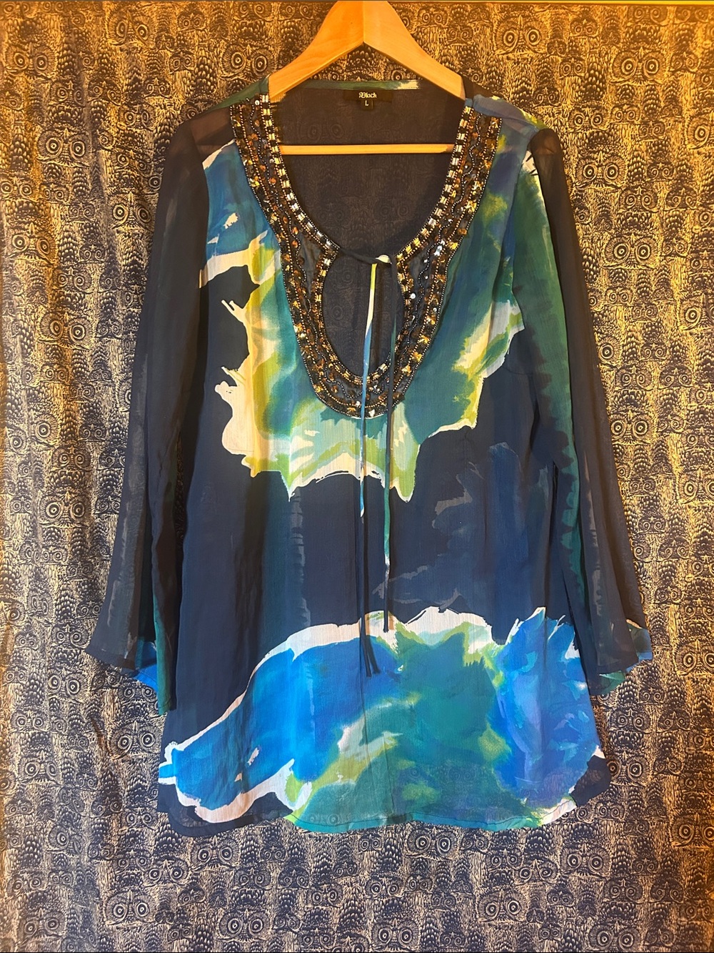 Embroidered Beaded Navy & Blue Watercolor Women's Tunic Top